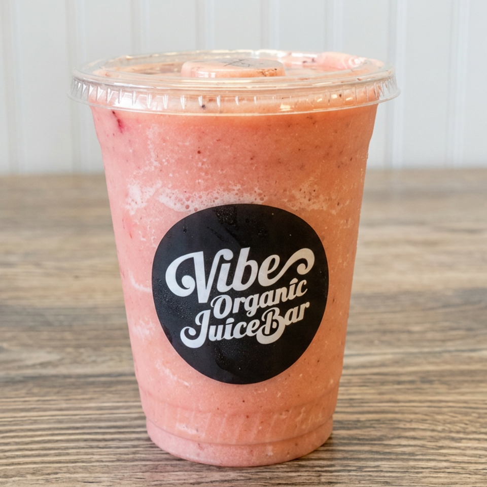 Pink fruit smoothie in a clear cup labeled Vibe Organic Juice Bar, displayed on a wooden table.